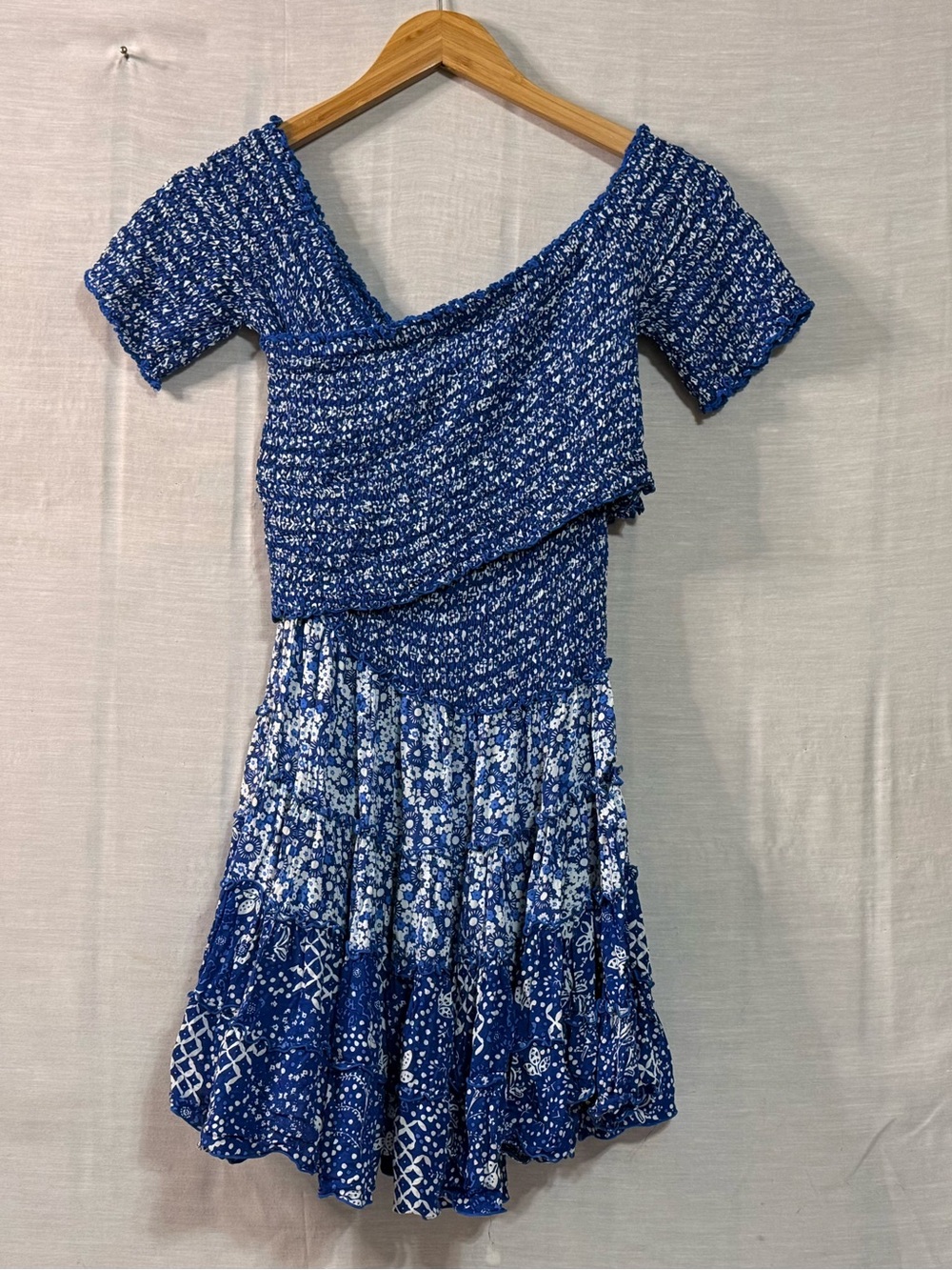 Poupette St Barth Blue White Smocked Tiered Mini Dress M